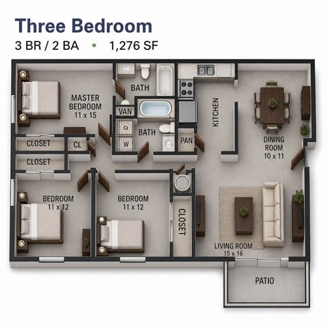 Floor plan for 3 beds, 2 baths, 1276 sqft